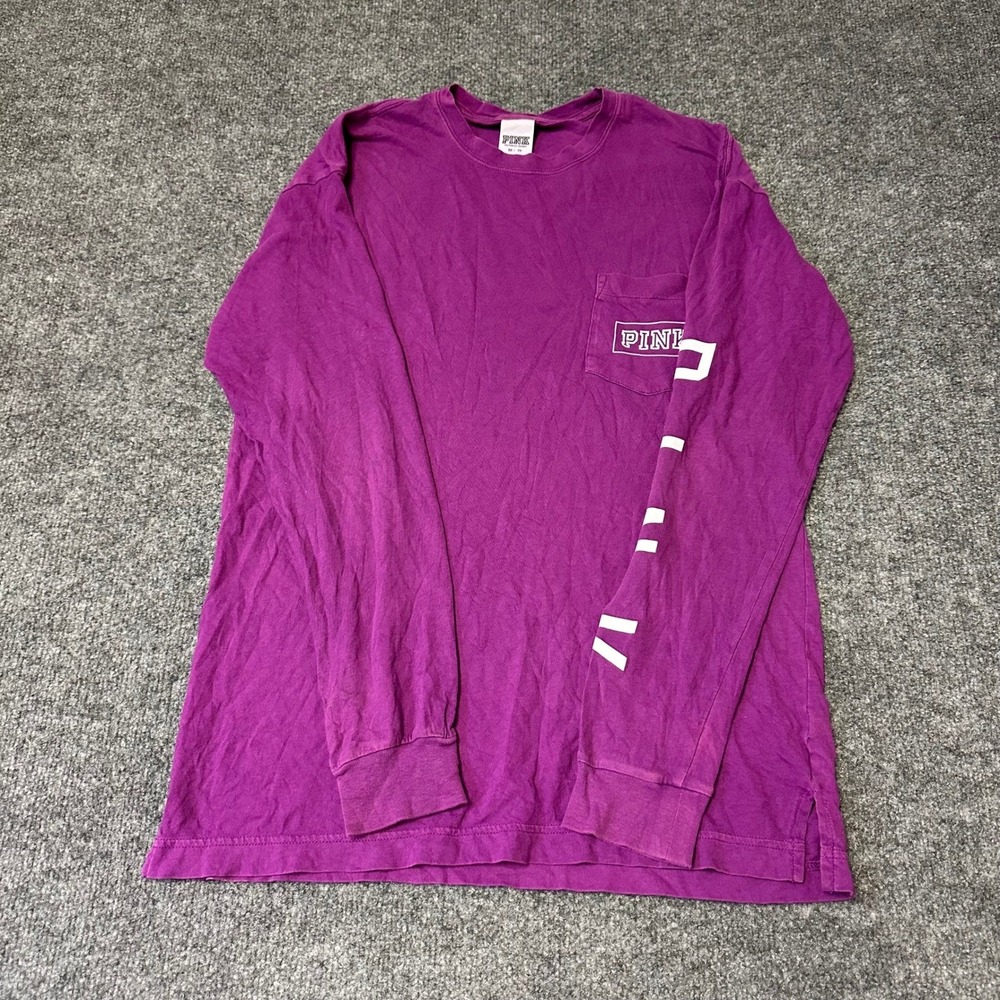 PINK Long Sleeve Shirt Womens XS Purple Cotton Relaxed Pocket Graphic Tee Good